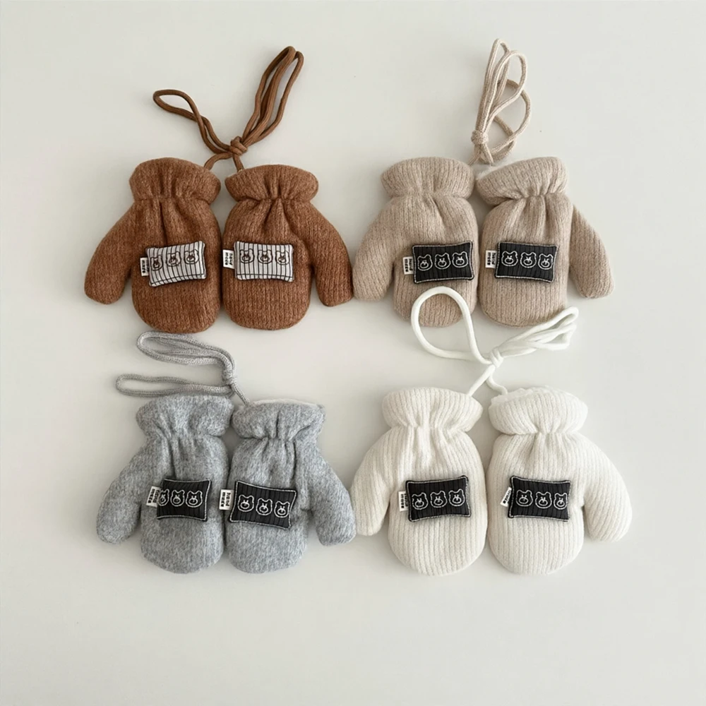 Baby Winter Warm Knitted Mittens with Fleece Lining & Anti-Lost String for Kids 3-6 Years Cable Knit Gloves Cute Photo Prop