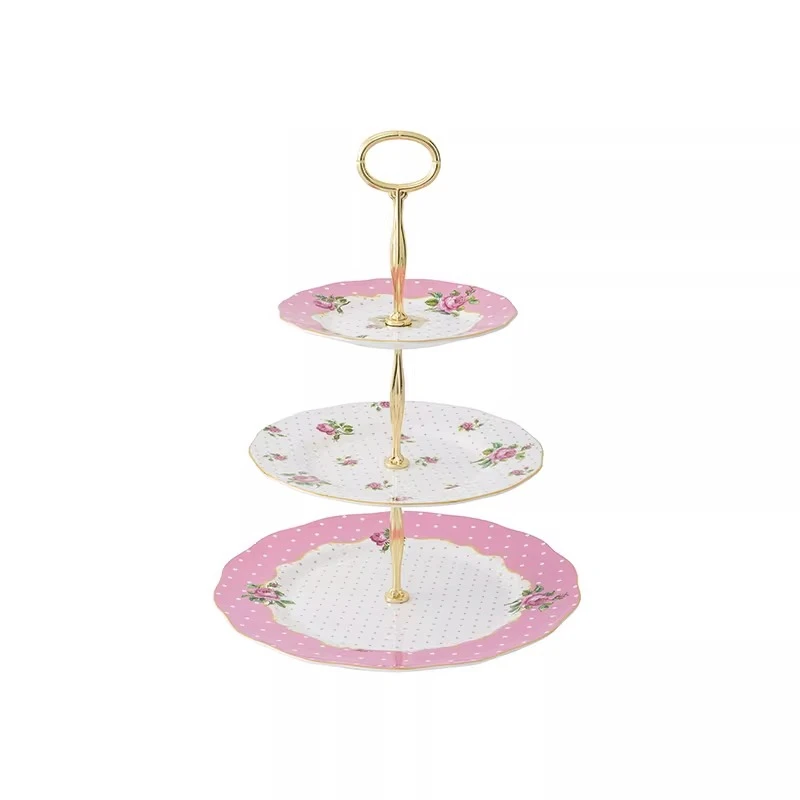 Powder bone china cake rack three-layer dim sum plate European small luxury