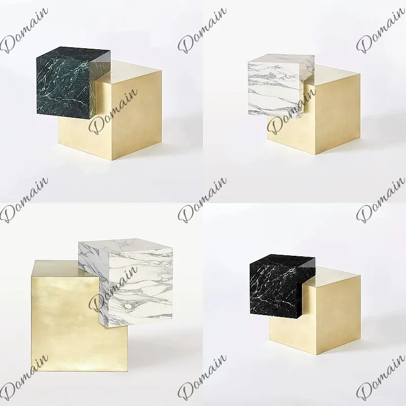 Modern Luxury Marble Square Side Table Stainless Steel Inlay End Table for Living Room