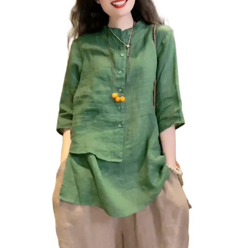 레트로 헴프 셔츠 여성 비대칭 린넨 탑 얇은 루즈핏 일반 소매 길이 순색 출퇴근 스타일 여름 셔츠