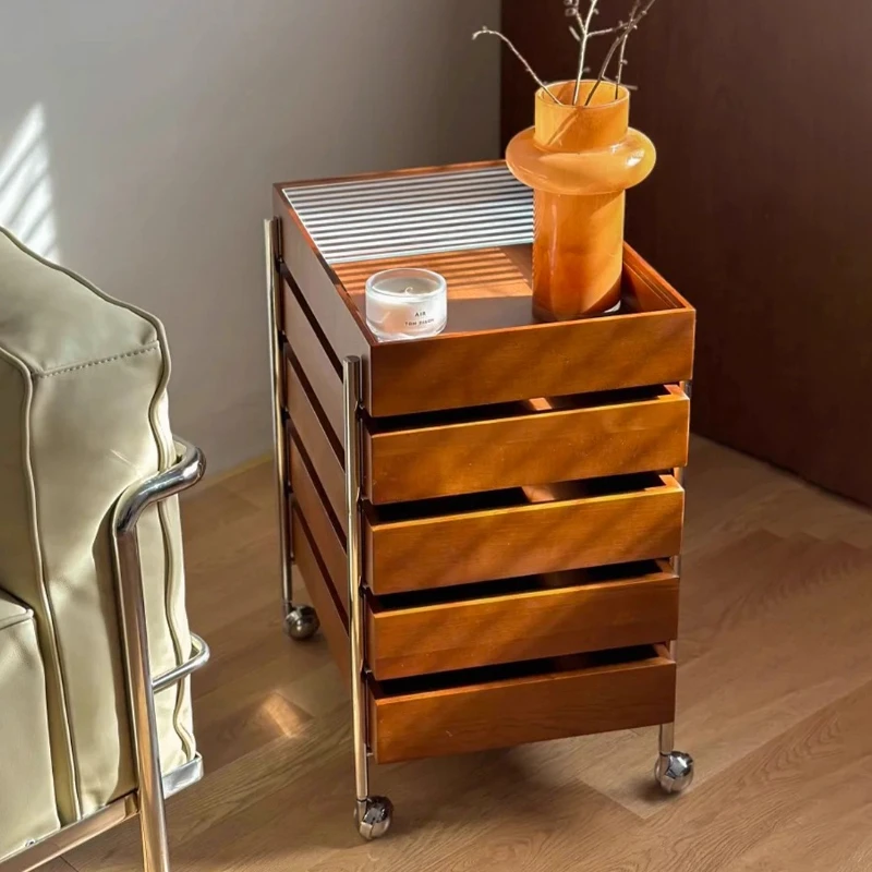 Home Solid Wood Movable Cart Bedside Multi Layer Drawer Storage Cabinet Coffee Tables Desk Computer Desks Side Table Trolley
