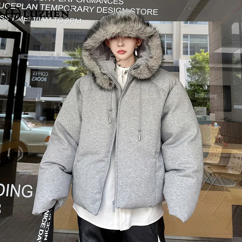 

LUZHEN 2025 зимняя модная красивая утолщенная теплая меховая куртка с капюшоном и хлебом, мужская однотонная уличная парка, мужская куртка JY5245