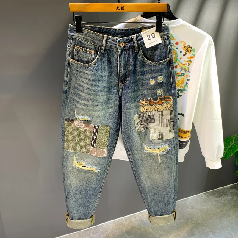 

High street retro spring and autumn new style ripped blue jeans men's loose straight tube nostalgic patch printed pants