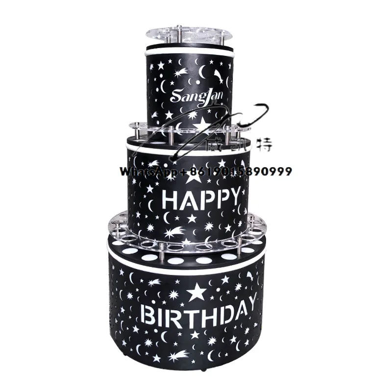 مخصص 3 طبقات النبيذ الرف Led كعكة زجاجة مقدم بار حفلة Vip عيد ميلاد سعيد زجاجة خدمة مقدم مع صينية زجاجية النار #6