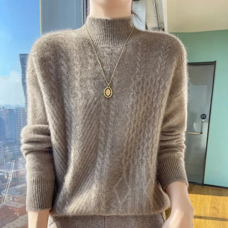 PTKPCC New Women's Pullover Sweater Wool Knitted Half High Neck Women's Sweater Comfortable and Versatile Full Sleeved Y101701