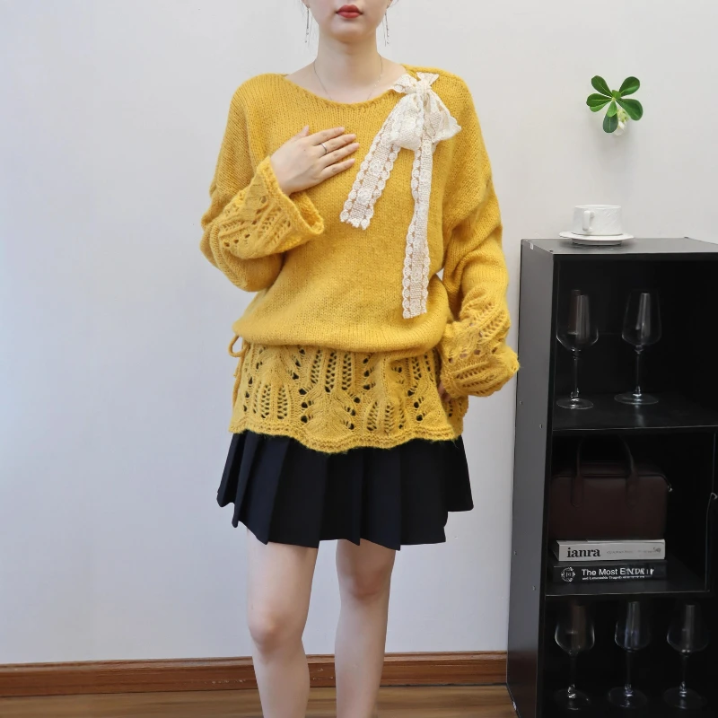 

Knit Sweaters Women Loose Hollow Out Thick Spliced Jumpers Round Neck Solid Casual Sweet Pullovers Office Lady Elegant 2025