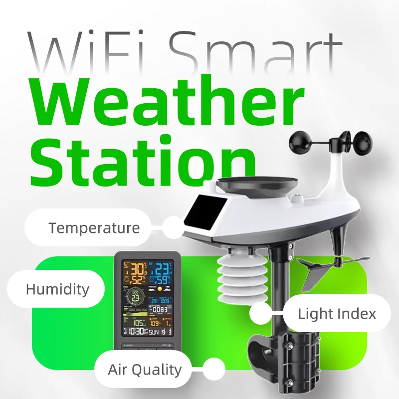 WiFi 스마트 기상 관측소: 센서가 있는 스마트 홈 디지털 온도계, 온도, 습도, 날짜, 조명 및 공기질 모니터
