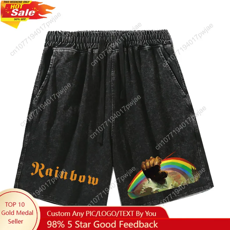 

Rainbow Rising Rock Band Shorts Mans Womans Teenager Retro Short Pants Vintage Cotton Elastic Soft Beach Shorts Customized Pants