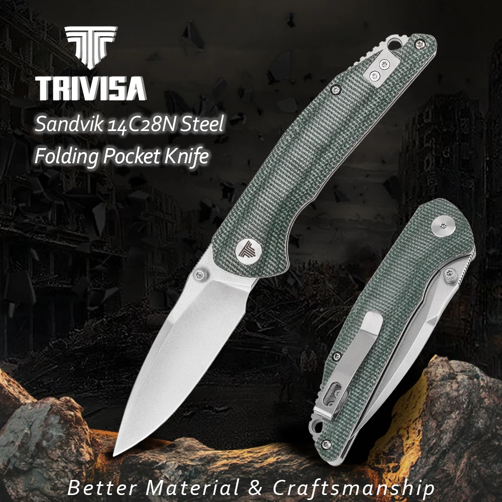 

TRIVISA Micarta Knife，Folding Pocket Knife for Men，EDC Knife with Clip for 14C28N Steel Stonewash Blade，Thumb Stud，Camping Tool