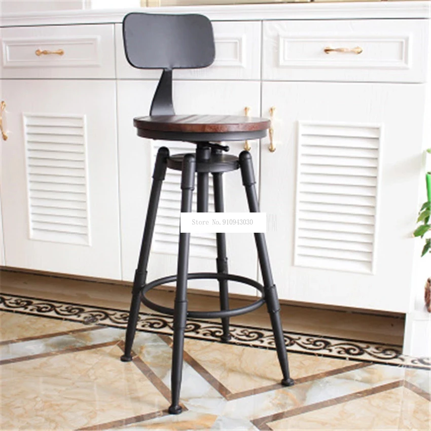 Retro American Country Style Swivel Bar Chair Stool Iron Art Wood/Soft Cushion Seat High Footstool Rotatable Liftable Bar Chair