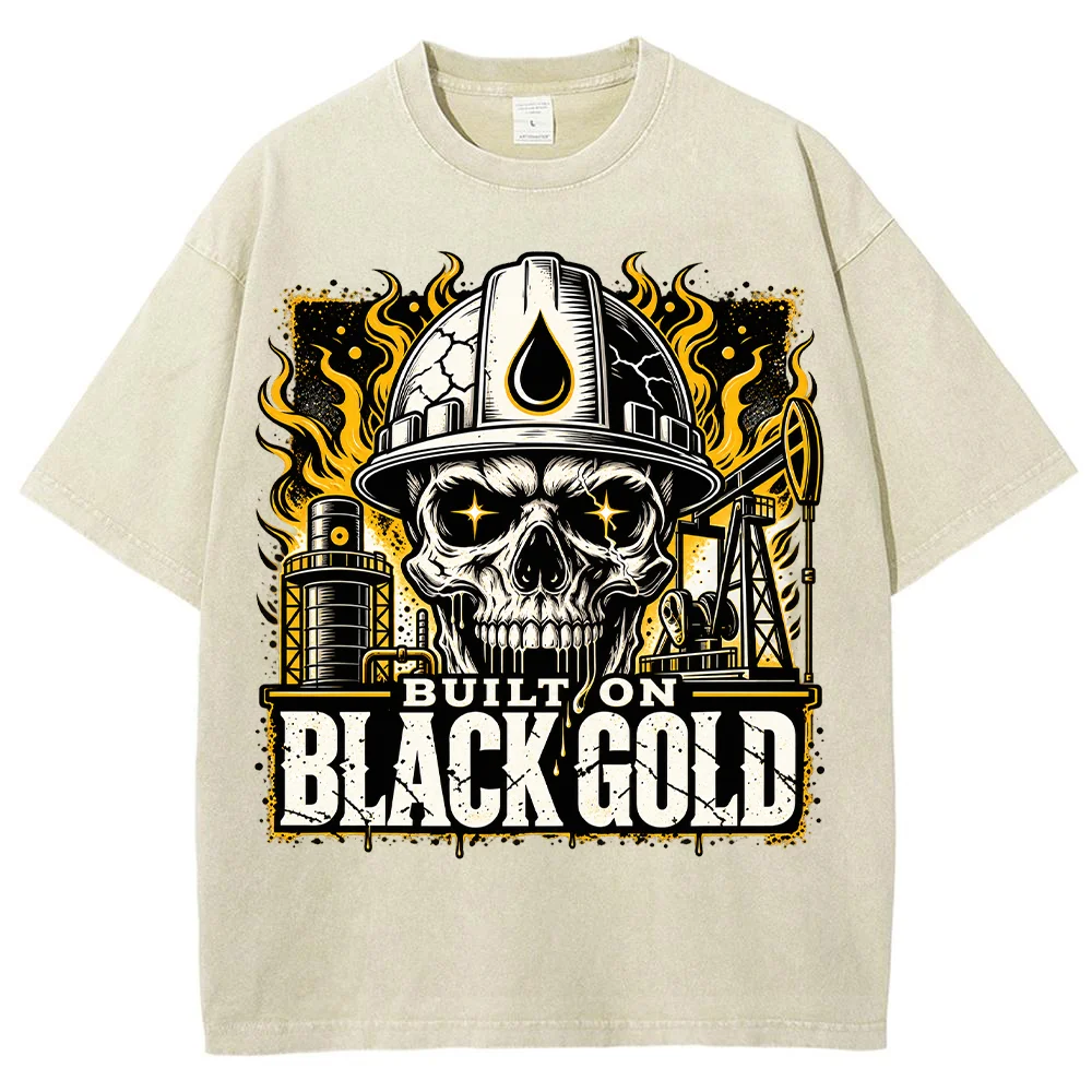 Men T Shirt Built On Black Gold Skull Oilfield Worker Graphic Print Short Sleeve Vintage Washed Cotton Casual Loose Tee Tops