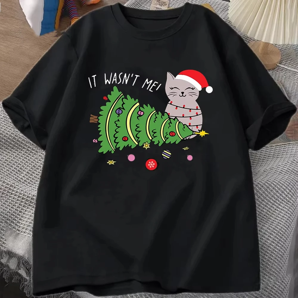 

Merry Christmas Women T-Shirt Cat Lover Anta Claus Elf O-Neck Short Sleevefestive Holiday Season It Was Cat Casual Y2K Tops
