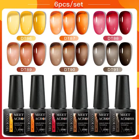 MEET ACROSS 6Pcs/Set Jelly Amber Gel Nail Polish Autumn Brown Series Semi Permanent Nail Art Gel Nails Supplies Varnish Manicure