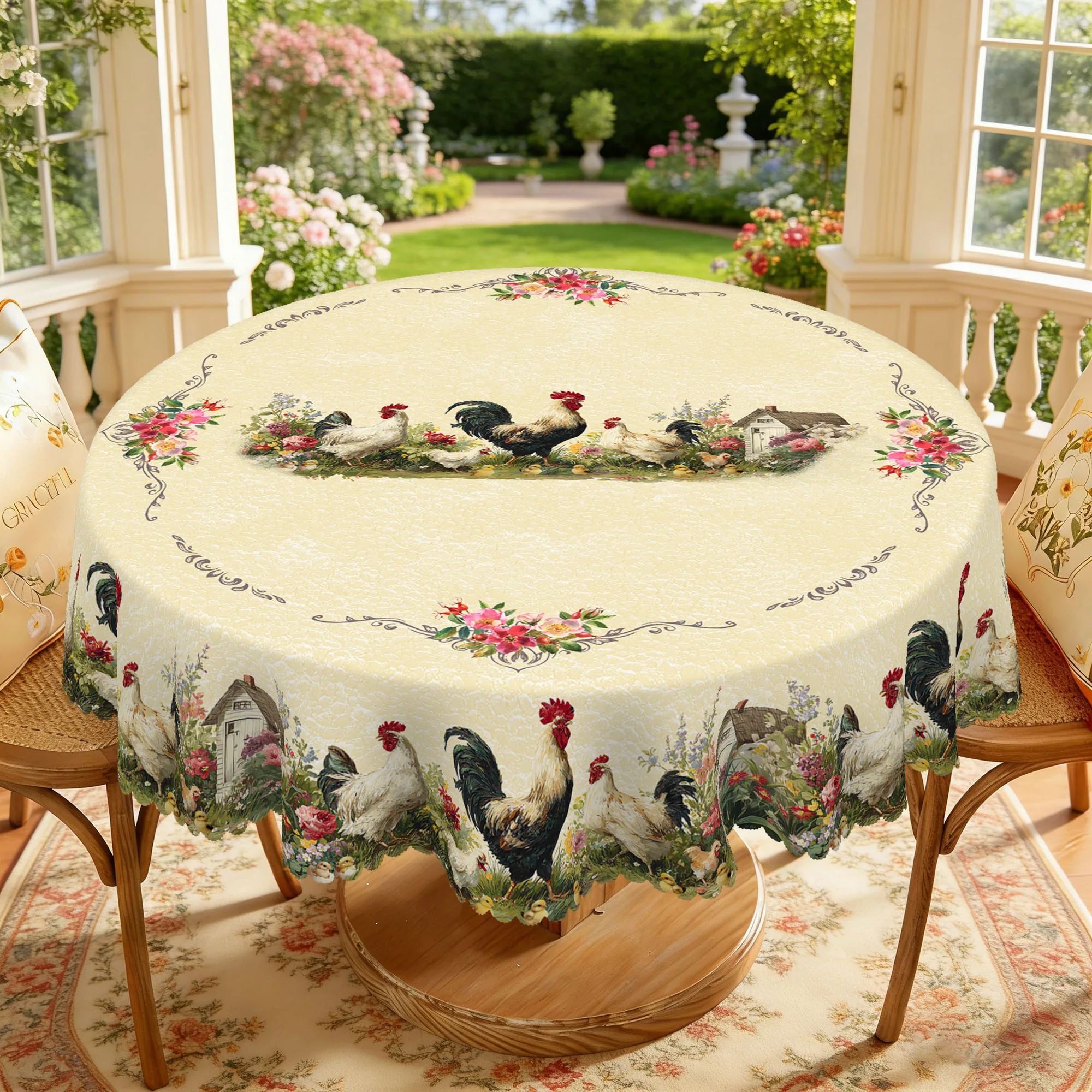1 Piece of Vintage Farm-Style Round and Rectangular Tablecloth, Available in Various Sizes, Featuring Colorful Feathered Rooster with a Lazy Hen and Cute Chicks, Interwoven Floral and Cottage Print, with Embossed Edges, Suitable for Use on Family Dining Tables, Patio Gardens, and Other Settings, for Spring and Summer Home Decor, and for All-Season Home Decoration