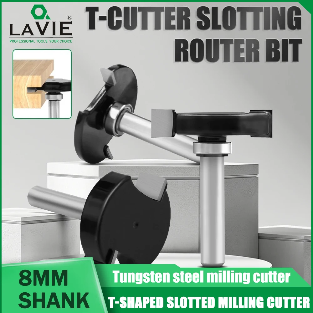 LAVIE 8mm Shank T-Slot Router Bit with Bearing - Double Edge Grooving Cutter for Wood Slotting Edging Router Bit Tools Cnc Mill