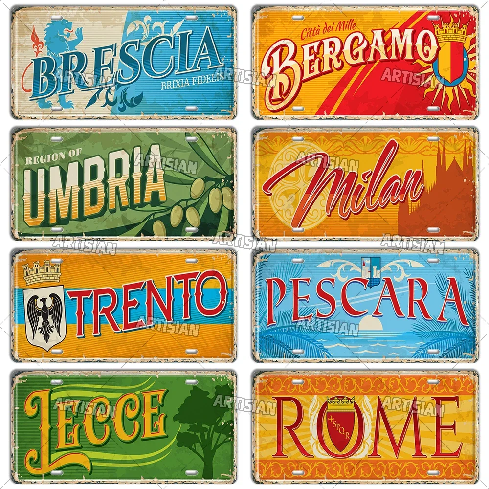 Artisian Italy City State Travel Car Plate Province Metal Sign Landmark License Plate Decorative Tin Plaque Wall Decor Piece