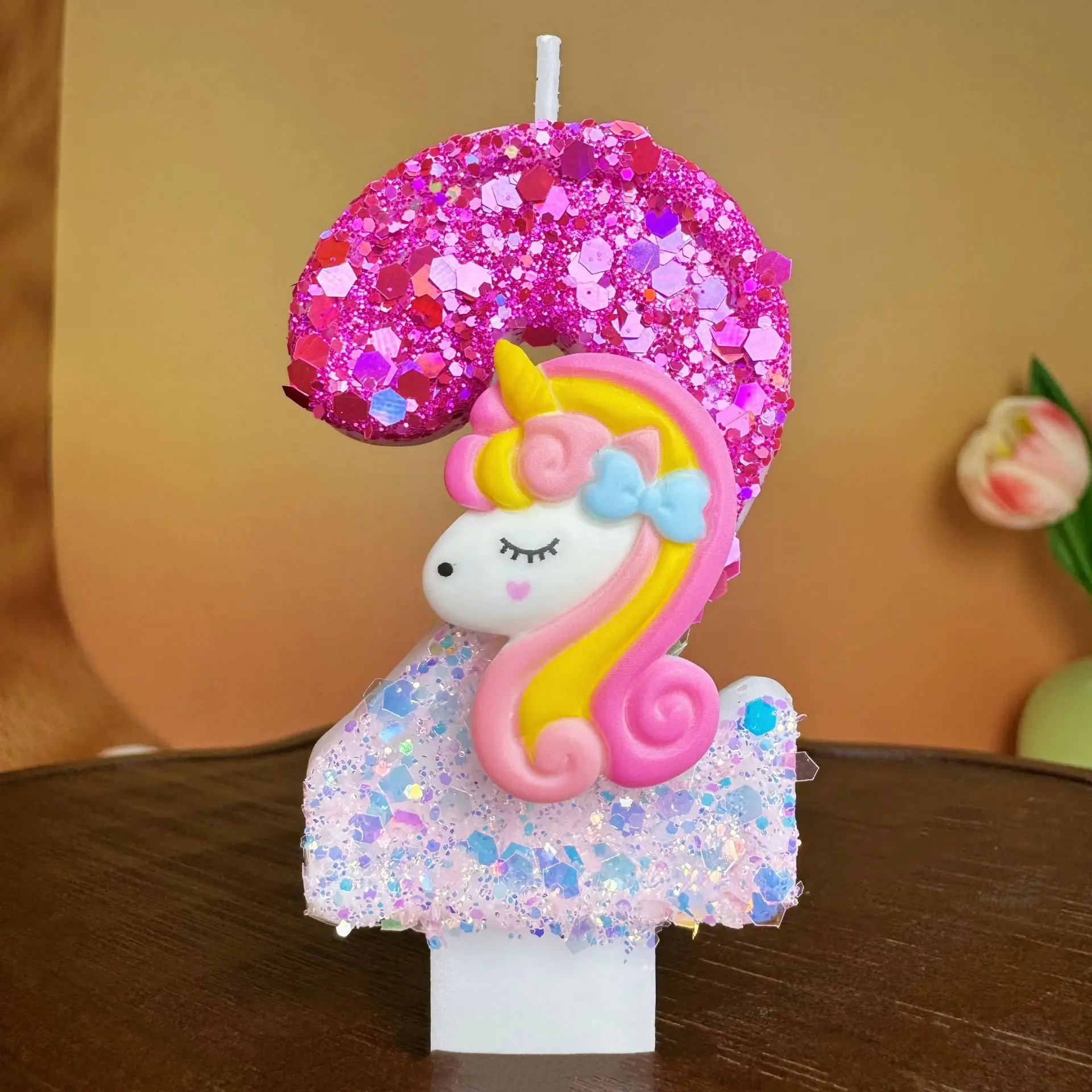 White and Rose-Red Curly-Haired unicorn Digital Candles, Party Gifts, Festival Decorations, Birthday and Anniversary Candles