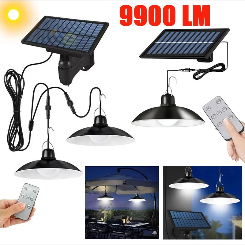 Double Head Solar Pendant Light Outdoor Indoor Split Solar Shed Lights Remote Timer 3M Power Cord Courtyard Garden LED Spotlight