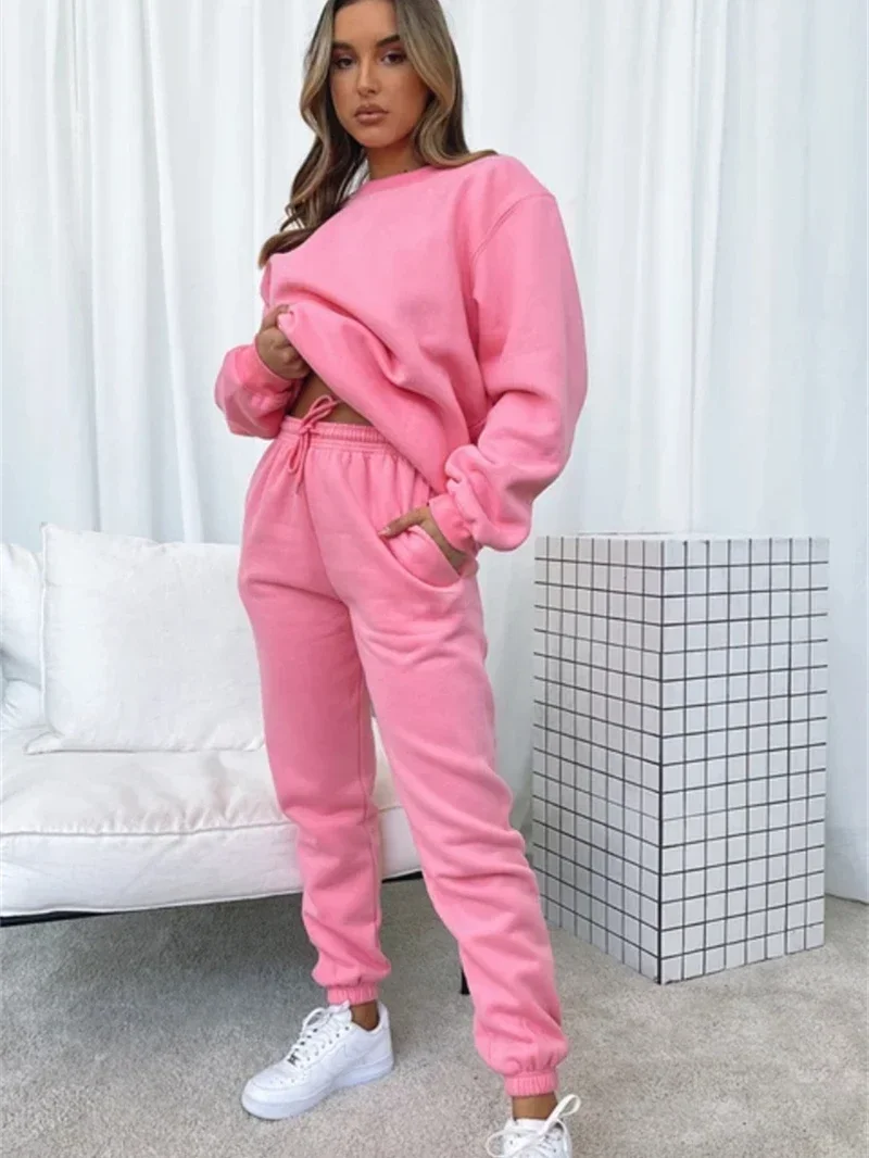 

Streetwear Fleece Tracksuit Women Two Piece Set Spring Clothing Solid Pullover Top and Pants Sets INS 2 Piece Sets Womens Outfit