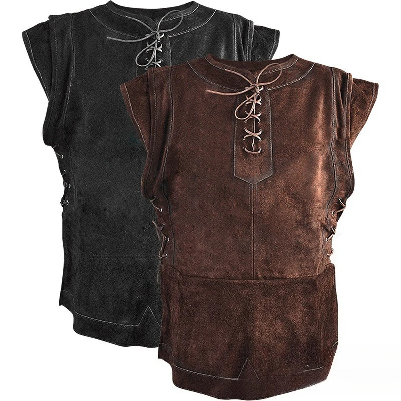 

European American Retro Men's Vest Bandage Decor Crew Neck Short Sleeve Hunter Outdoor Performance Costume