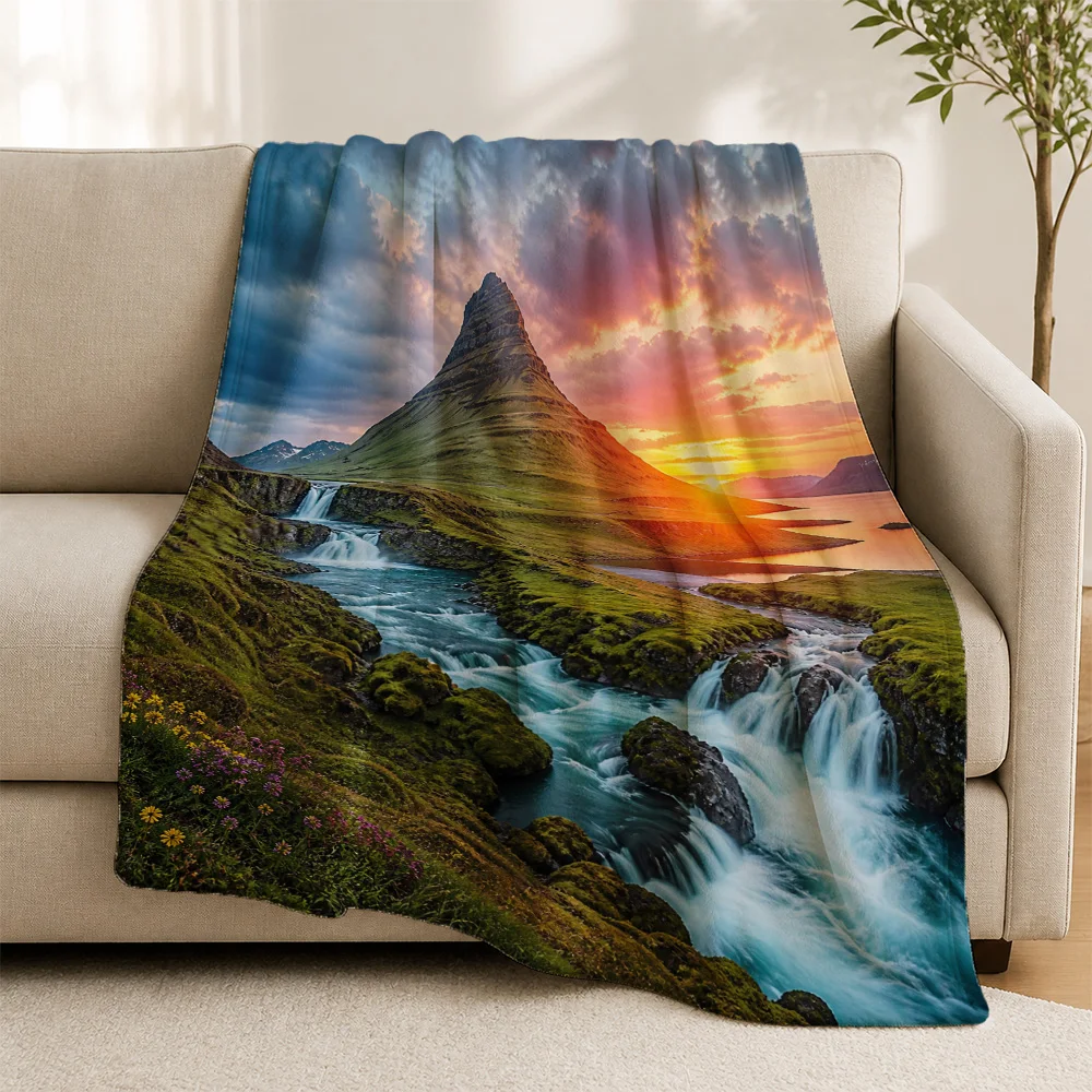 Decorative Sofa Throw Blanket Nature Landscape Waterfall Mountain Sunset Art Cozy Fleece Wrap Couch Decor Gift for Living Room H