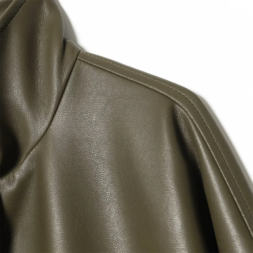 겨울 신상 여성 패션 심플하고 캐주얼한 긴 소매 스탠드업 칼라 인조 가죽 파일럿 지퍼 재킷 코트