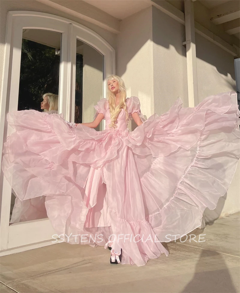 Vestido de fiesta de Organza rosa claro, manga corta, fruncido, largo, hasta el suelo, fiesta de noche