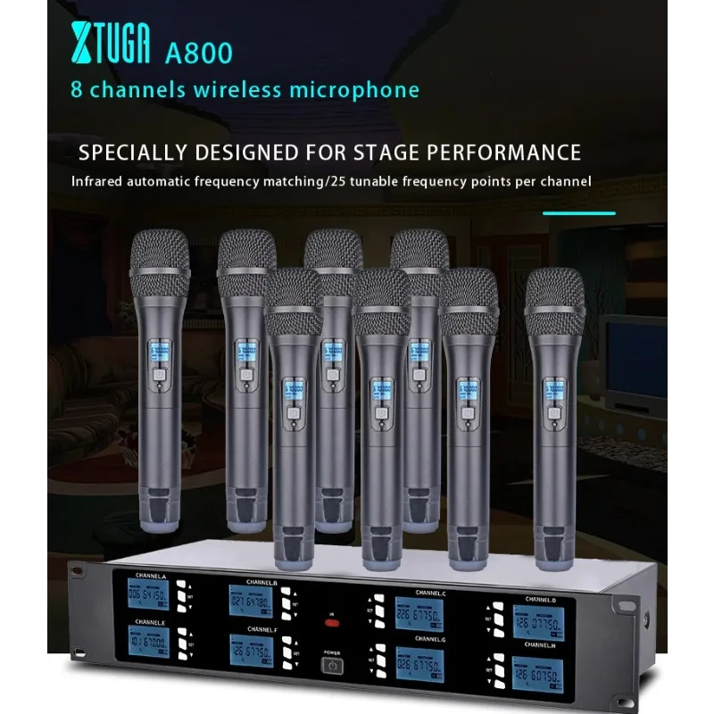 

XTUGA A800 Профессиональная беспроводная микрофонная система UHF для дома KTV Металлическая ручная 8-канальная беспроводная микрофонная система Ручной микрофон