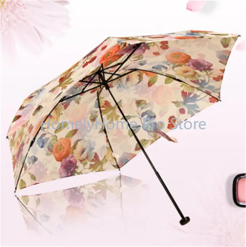 Ultra Light Feather Mini Pen Umbrella Fresh Hand Drawn Illustration Portable UV Protection Foldable Sun Rain Parasol For Ladies