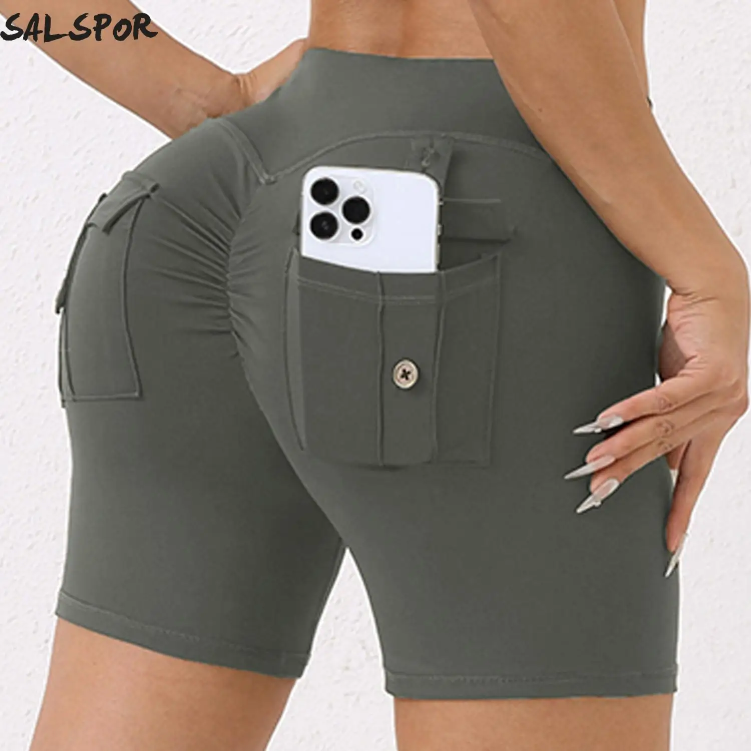 

SALSPOR Women Seamless Back Pocket Yoga Shorts Butt Lifting Ruched Cycling Tights Workout Gym Shorts