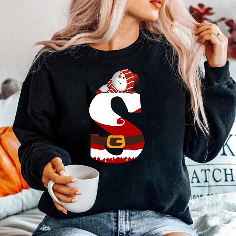 

Ladies Clothing Top Hoodie Alphabet A-Z Christmas Print Clothes Black Woman Sweatshirts Hoodies Long Sleeves Clothing Trends