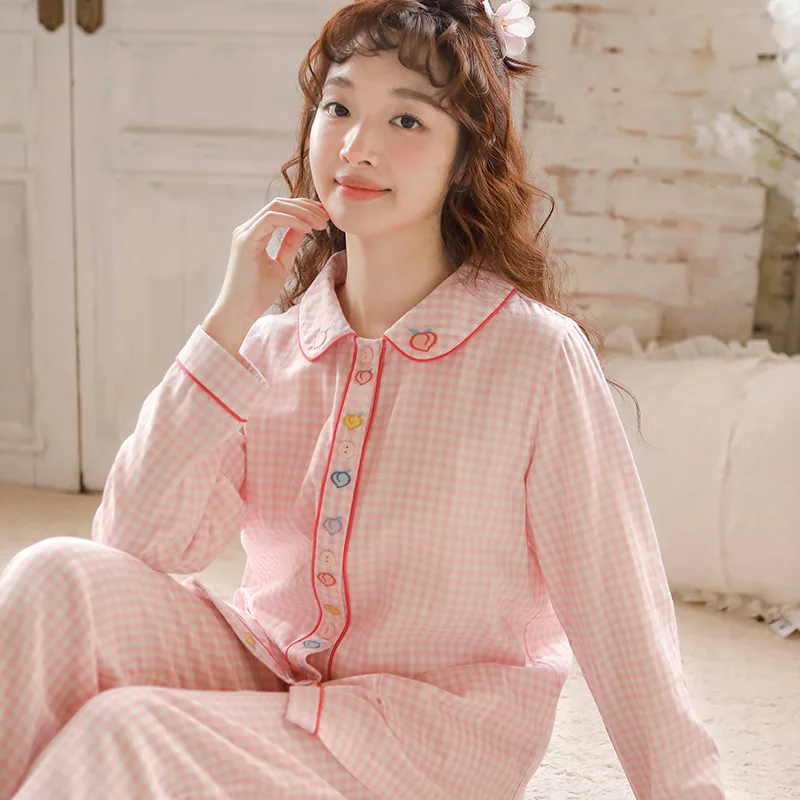 2025 New Spring Summer Long Sleeve Pajama Set Women Simple Plaid Embroidery Japanese Sweet Homewear