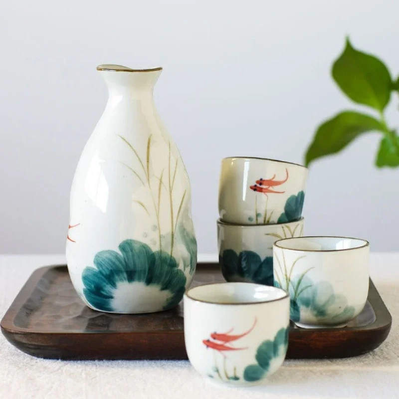 Japanese Style Ceramic Sake Set 1Bottle 4 Cups Goldfish Design Korean Soju Pot Cup Wine Bottle Wine Pot Accessories Cup Set