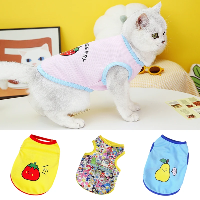 Cartoon Print Cat Puppy Vest Summer Pet Clothes for Small Dogs Cats Mesh Thin Kitten Sphynx Clothing Outfit vetement pour chat