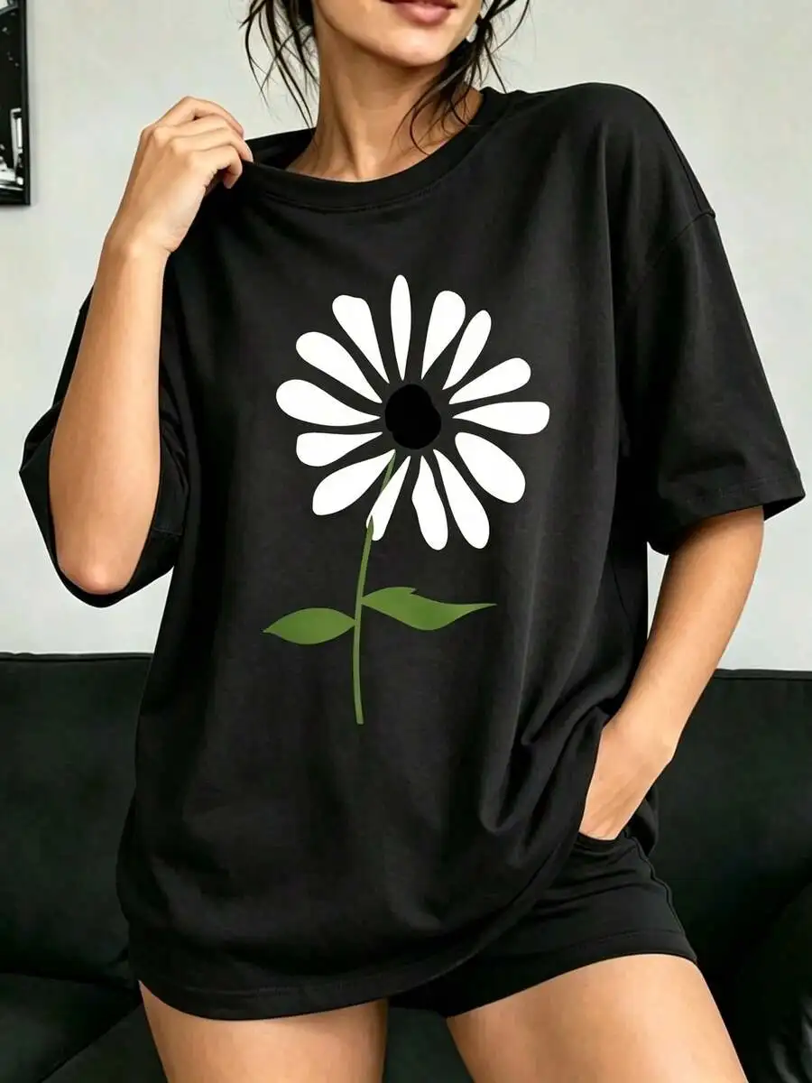 Women Crewneck Short Sleeve T Shirt Oversized Daisy Print Casual Soft Summer Daily Loungewear Trendy Outfit Top