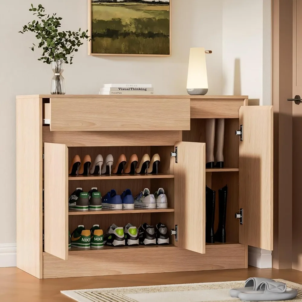 Shoe Cabinet Storage with 3 Doors, Freestanding Shoe Cabinet with Drawer & Adjustable Shelves, Wooden Shoe Organizer for Entrywa
