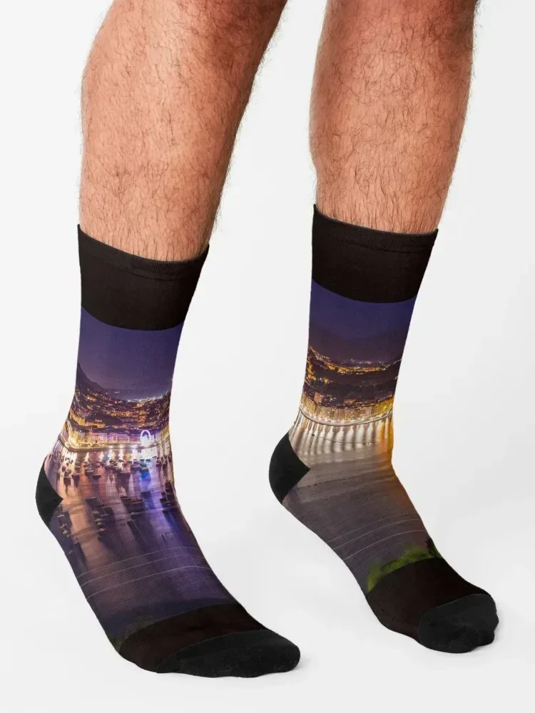 Panorama of Donostia San Sebastian at night Basque Country Socks New year's golf ankle Socks For Women Men's