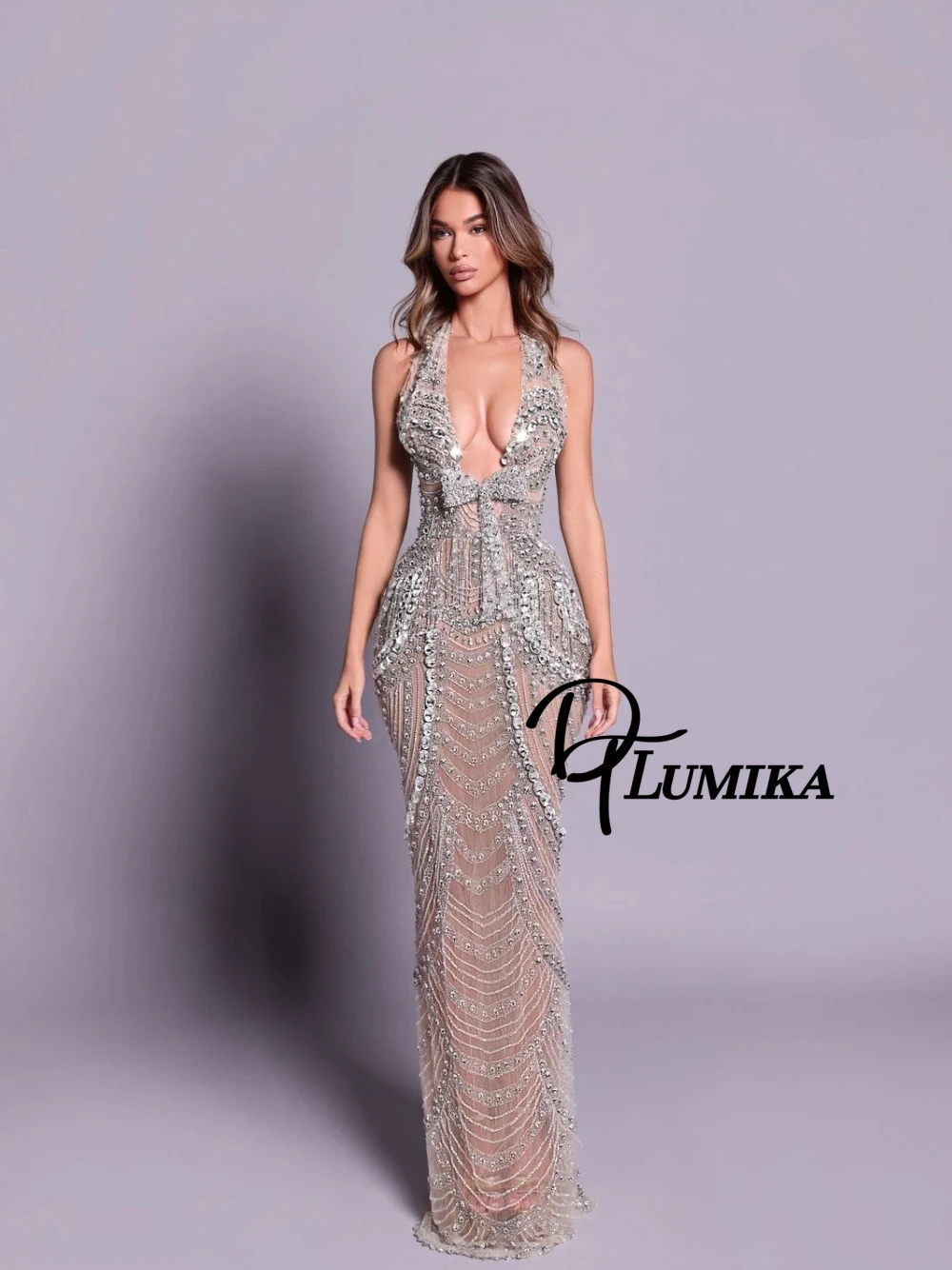

Luxury Halter Neck Sequin Evening Dress Sparkly Beaded Sheer Mesh Mermaid Prom Gown For Women's Formal Party & Wedding Guest