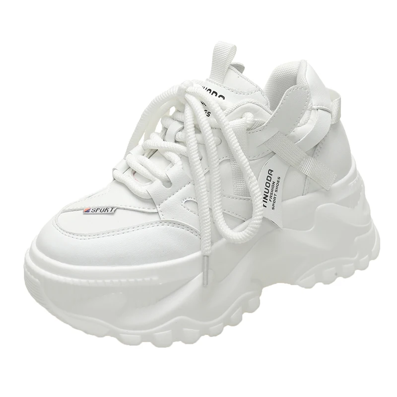 

Большой размер 42, новые женские повседневные кроссовки на платформе, осенняя спортивная кожаная обувь на высоком каблуке 8 см, дышащие кроссовки, массивные кроссовки