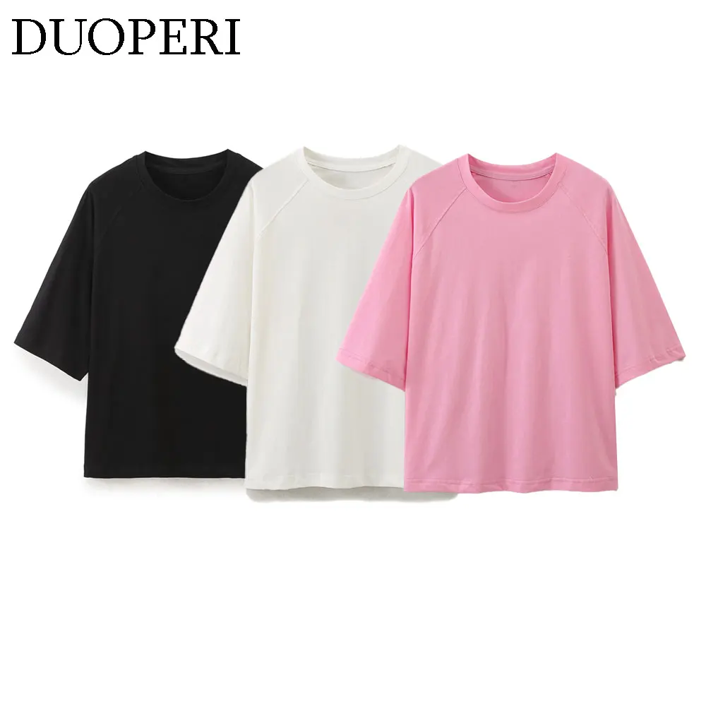 DUOPERI Women Fashion Cotton Solid Loose T-Shirt O-Neck Short Sleeves Female Chic Lady Casual Tops Shirt