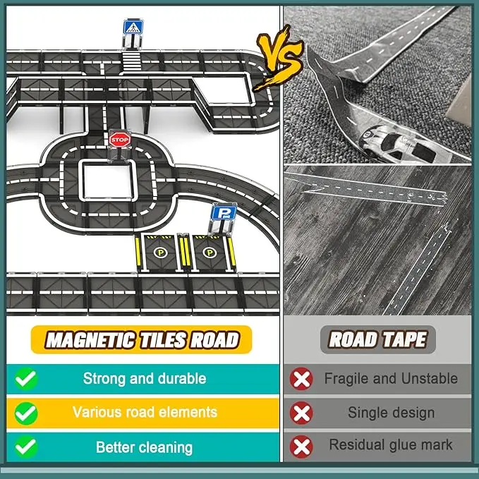 Zestaw drogowy z płytkami magnetycznymi, zestaw rozszerzający drogę, klocki magnetyczne dla malucha, kreatywne zabawki Montessori dla 3+ lat O