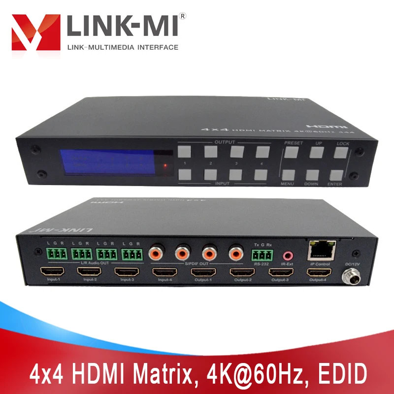 4x4 HDMI Matrix Support Audio On/Off 4K@60Hz EDID HDR 18Gbps RS232 TCP/IP Web GUI Control Analog SPDIF Audio Extraction