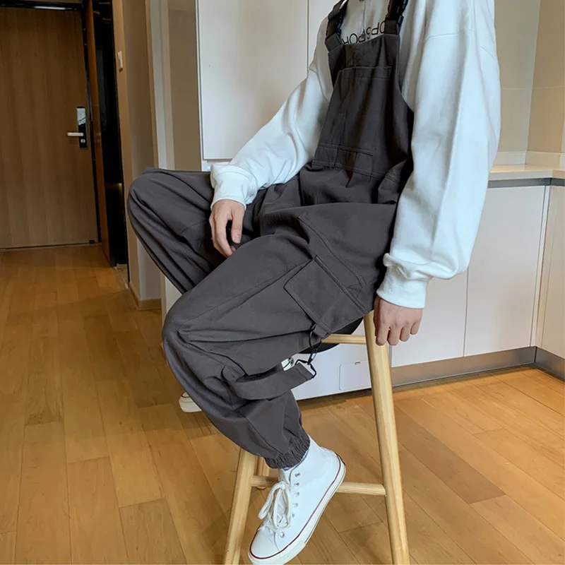 Suspenders Jumpsuit Pants Men Autumn Overalls Japanese Loose Straps Casual Pockets Unisex Oversize Streetwear Solid Man Clothing