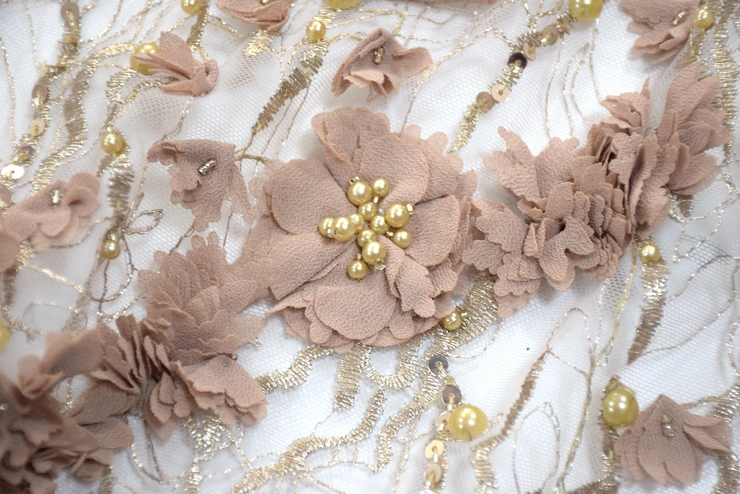 Luxury  Heavy Handwork Beads 3D Flower Nude Lace Fabric For Evening Dress HY0953