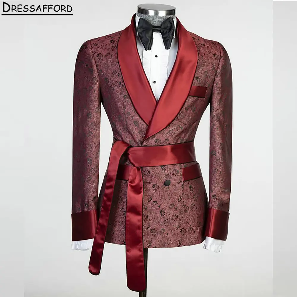 

Темно-красные жаккардовые смокинги для жениха, мужские свадебные костюмы для выпускного вечера для мужчин, комплект из 2 предметов (куртка + брюки)