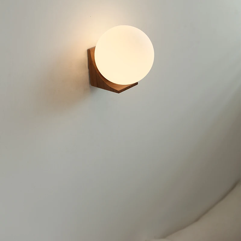 

Minimalist Wooden Wall Lamp Hotel Shop Restaurant Hallway Glass Ball Wall Light Living Room Bedside Porch Mood Light