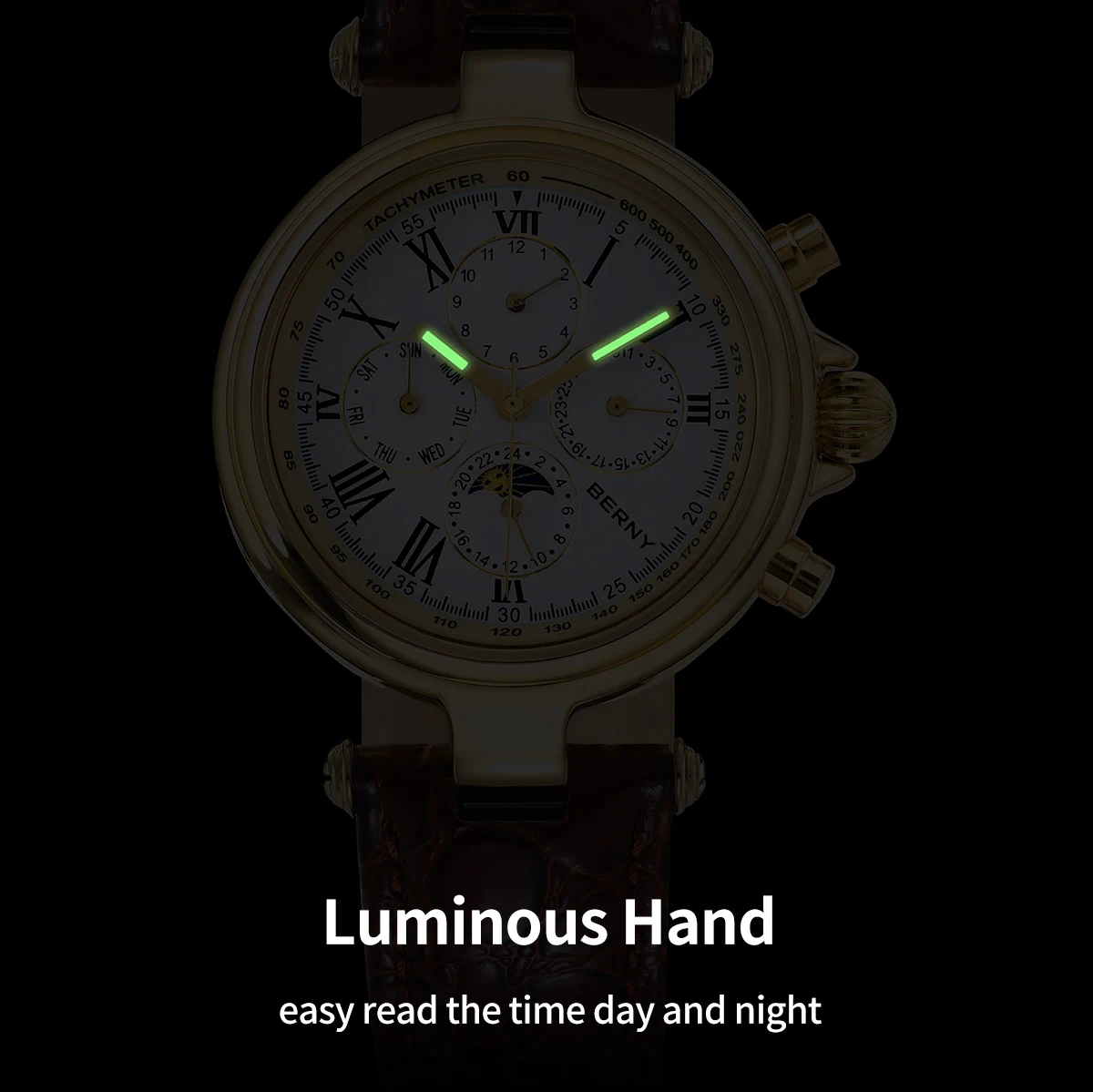 BERNY Retro Automatic Men's Watch Sun&Moon Phase Luminous ST1652 Classic Genuine Leather Luxury Mechanical Men's Dress Watches