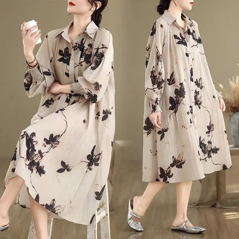 Abito camicia da donna retrò con stampa a inchiostro cinese - Abito primaverile-autunno stile cardigan dalla vestibilità ampia con orlo svasato G179