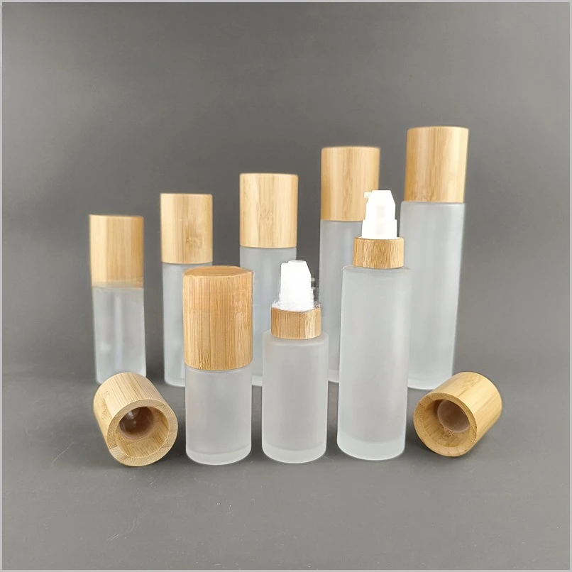 Parfumflesje Glas Bamboe Deksel Leeg 30 ml-120 ml Frosted Lotion Pomp Dispenser Hervulbare Emulsie Cosmetische Spray fles Reizen