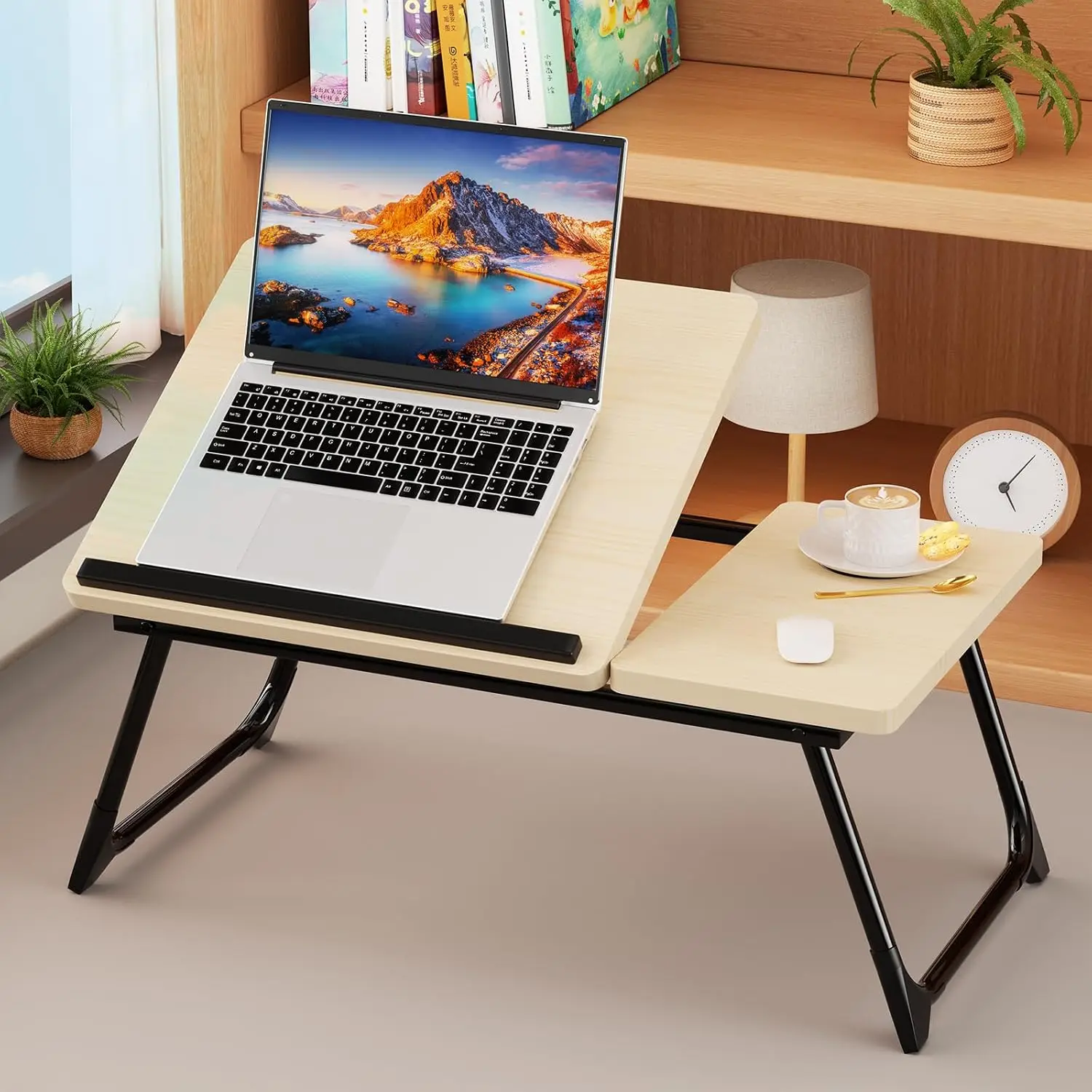 Foldable Laptop Bed Desk 5-Angle Adjustable Portable Notebook Stand with Cup Holder Ergonomic Lap Table Tray for Couch Sofa Bed Reading Writing Eating PC Tablet Support Lazy Breakfast Desk Beige